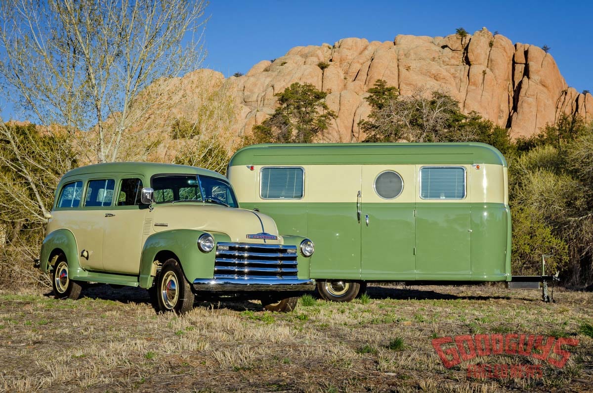 1948 Palace Royale, 1952 Chevy Suburban, vintage camper, vintage trailer, goodguys, car show, vintage hauler