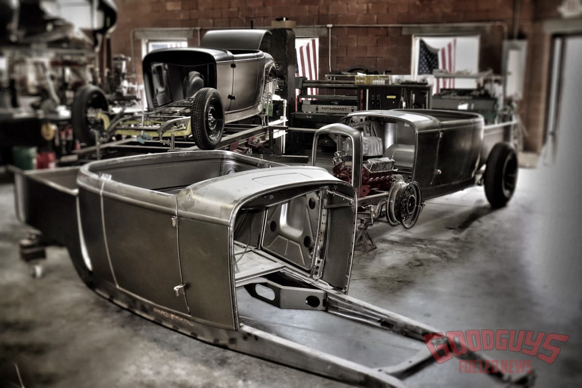 three hot rods being built at one off rod and custom